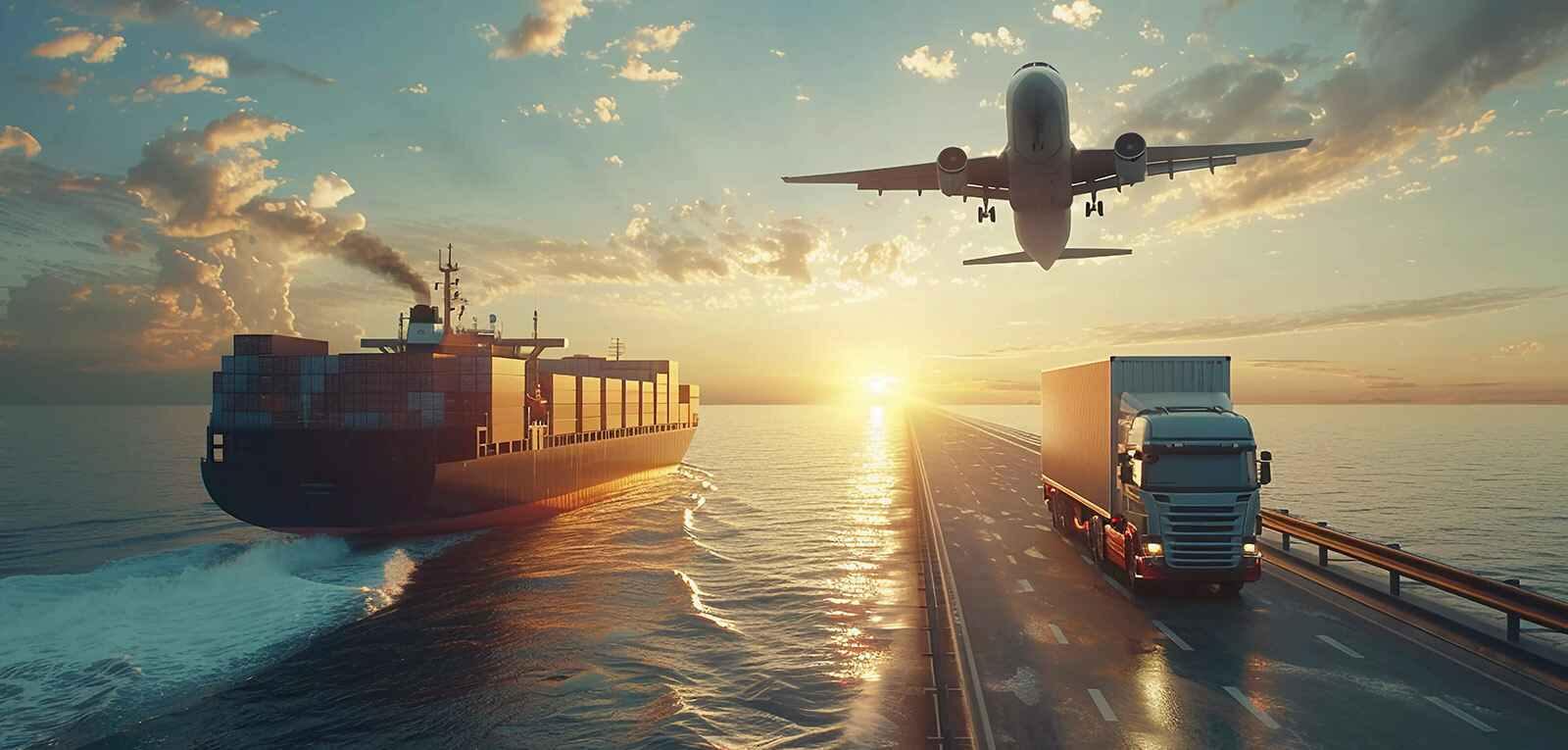 Cargo ship, aircraft and truck at sunset